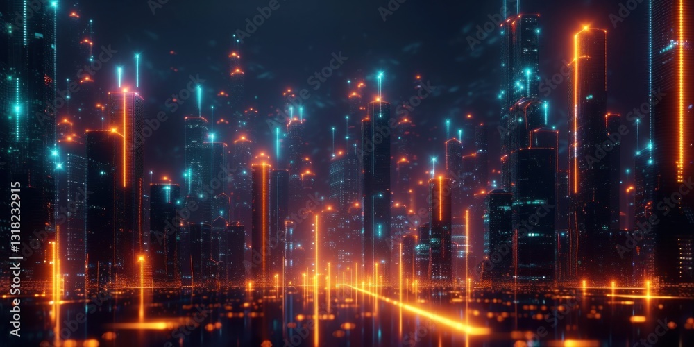 Fototapeta premium Neon Lights Illuminate a Futuristic Skyline at Dusk in a Modern Cityscape