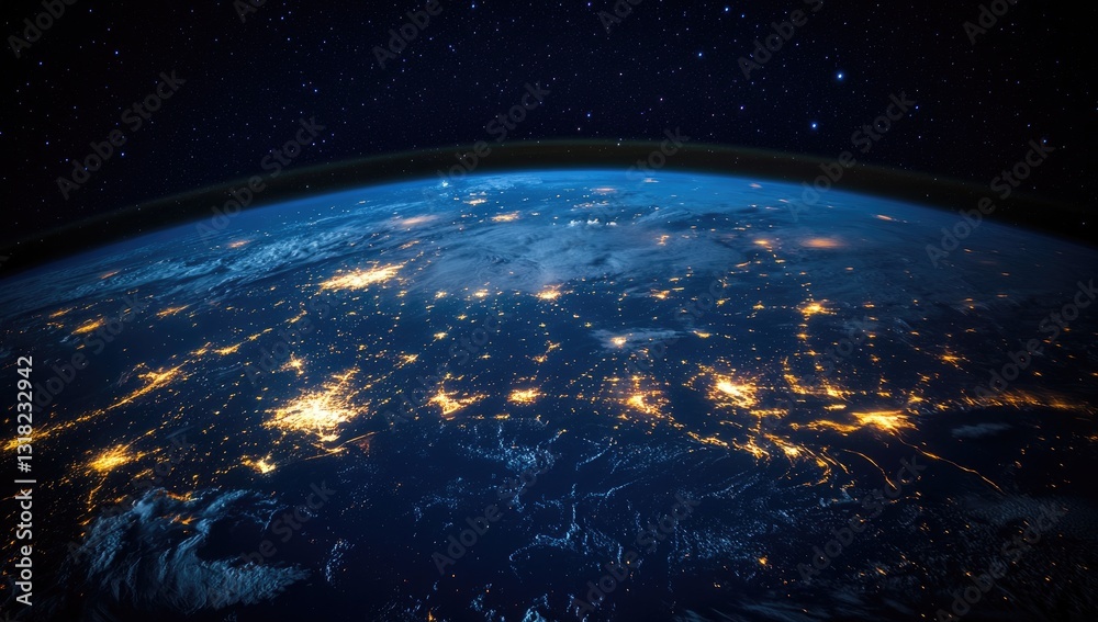 Fototapeta premium Earth At Night From Space With City Lights