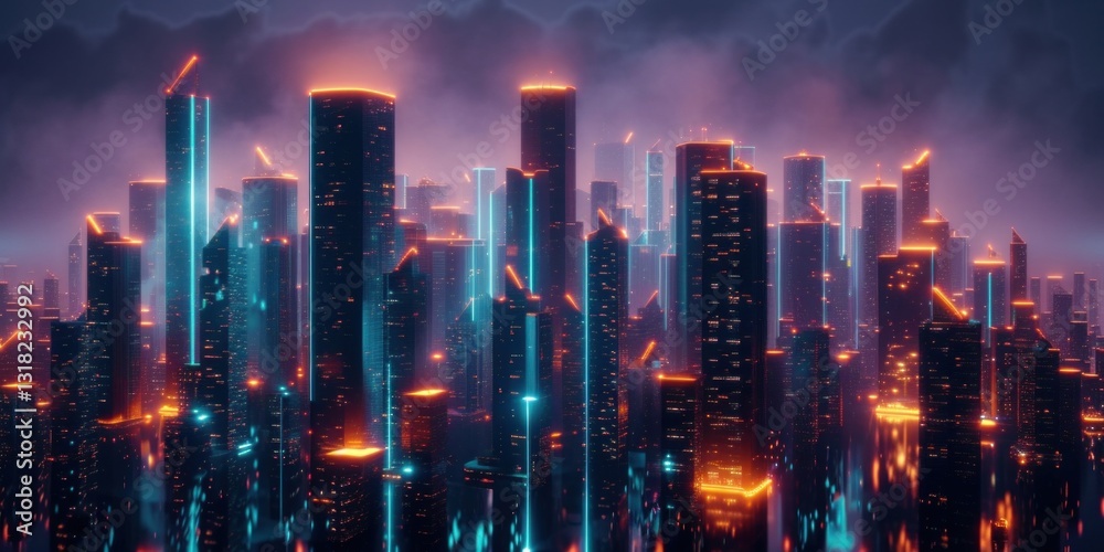 Fototapeta premium Neon Lights Illuminate a Futuristic Skyline at Dusk in a Modern Cityscape