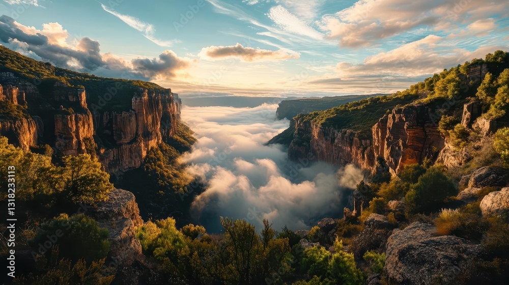 Fototapeta premium Breathtaking Canyon Landscape with Cloud Cover and Sunset Glow