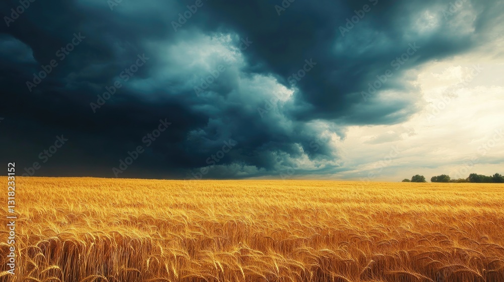 Obraz premium A dramatic sky looms over a ripe field of golden wheat