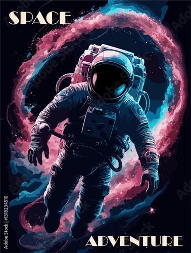 Astronaut in space retro Poster, background, cover. Space and the universe concept. Cosmonaut in spacesuit flying in galaxy with stars and planets. Vintage style vector colorful illustration.