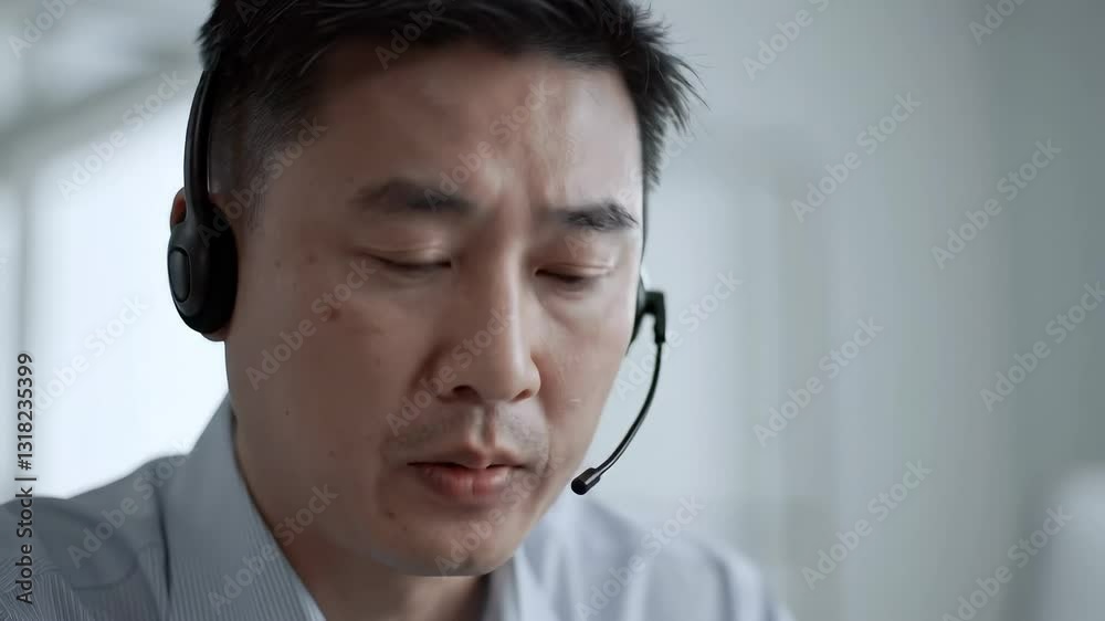 Focused Asian Male Call Center Agent Engaging with Customer in Professional Environment, Demonstrating Dedication and Customer Service Skills