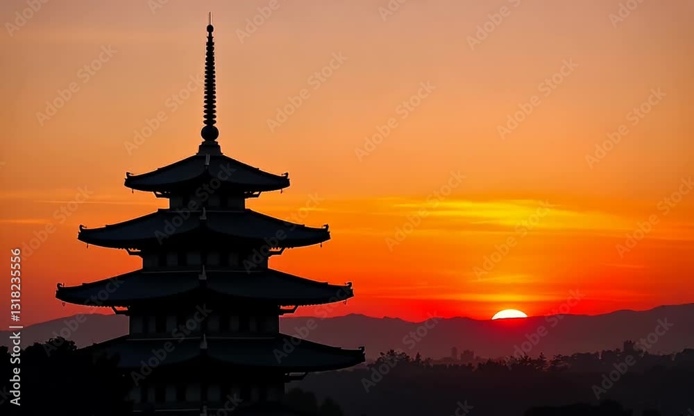 Silhouette of a Multitiered Pagoda Against a Vivid Orange Sunset Sky with Distant Mountain Ridges and Lush Green Treeline in a Serene Evening Setting