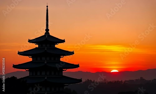 Silhouette of a Multitiered Pagoda Against a Vivid Orange Sunset Sky with Distant Mountain Ridges and Lush Green Treeline in a Serene Evening Setting