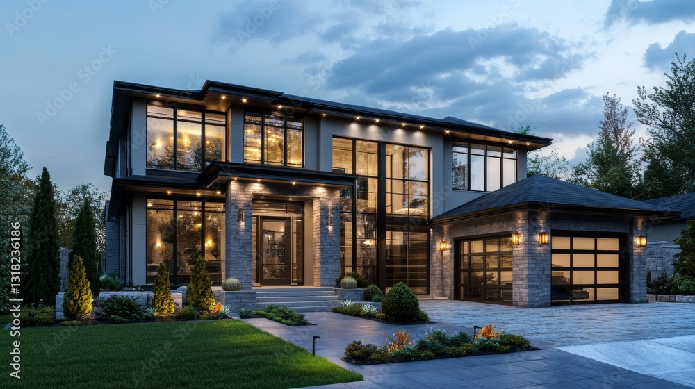Fototapeta premium A stunning modern luxury home showcasing elegant glass and stone design elements at dusk, surrounded by meticulously landscaped greenery and soft lighting.