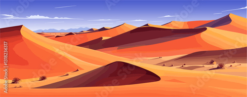 A desert scene with sand dunes and a blue sky. African Sahara desert landscape. Vector illustration, background, banner. Summer vacation, holidays concept.