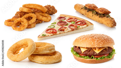 A collection of fast food items, including onion rings, a sandwich, fried chicken, a pizza slice, and a hamburger, isolated on a white background.
