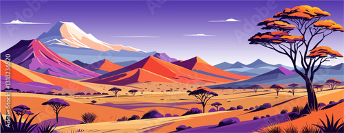 A beautiful african savanna landscape with mountains and a tree in the foreground. Colorful desert panorama. Vector illustration, banner.