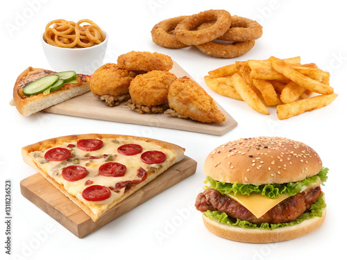 A collection of fast food items, including onion rings, a sandwich, fried chicken, a pizza slice, and a hamburger, isolated on a white background.