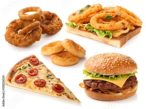 A collection of fast food items, including onion rings, a sandwich, fried chicken, a pizza slice, and a hamburger, isolated on a white background.