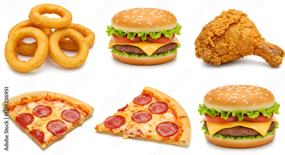 A collection of fast food items, including onion rings, a sandwich, fried chicken, a pizza slice, and a hamburger, isolated on a white background. A collection of fast food items, including onion rings, a sandwich, fried chicken, a pizza slice, and a hamburger, isolated on a white background.