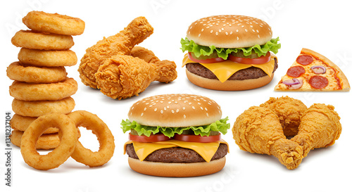 A collection of fast food items, including onion rings, a sandwich, fried chicken, a pizza slice, and a hamburger, isolated on a white background.