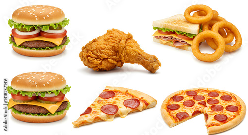 A collection of fast food items, including onion rings, a sandwich, fried chicken, a pizza slice, and a hamburger, isolated on a white background.
