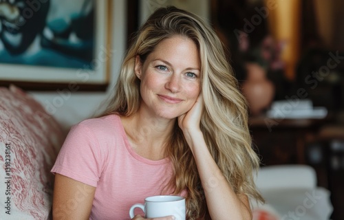 A blonde woman in her thirties is sitting on the couch with a cup of coffee, smiling and looking at the camera.