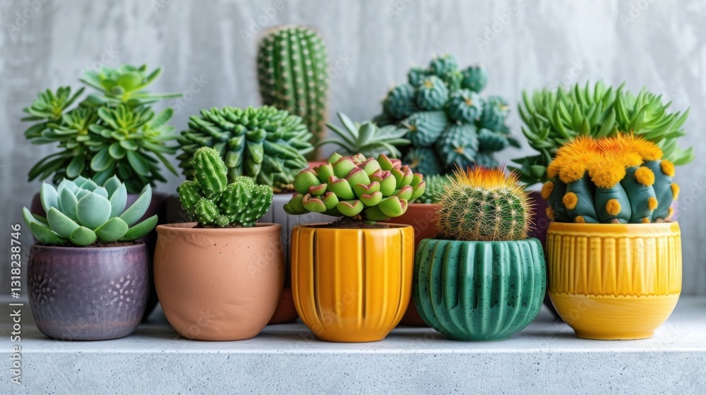 Fototapeta premium Collection of Potted Cacti on Display With Colorful Pots on a Bright Day