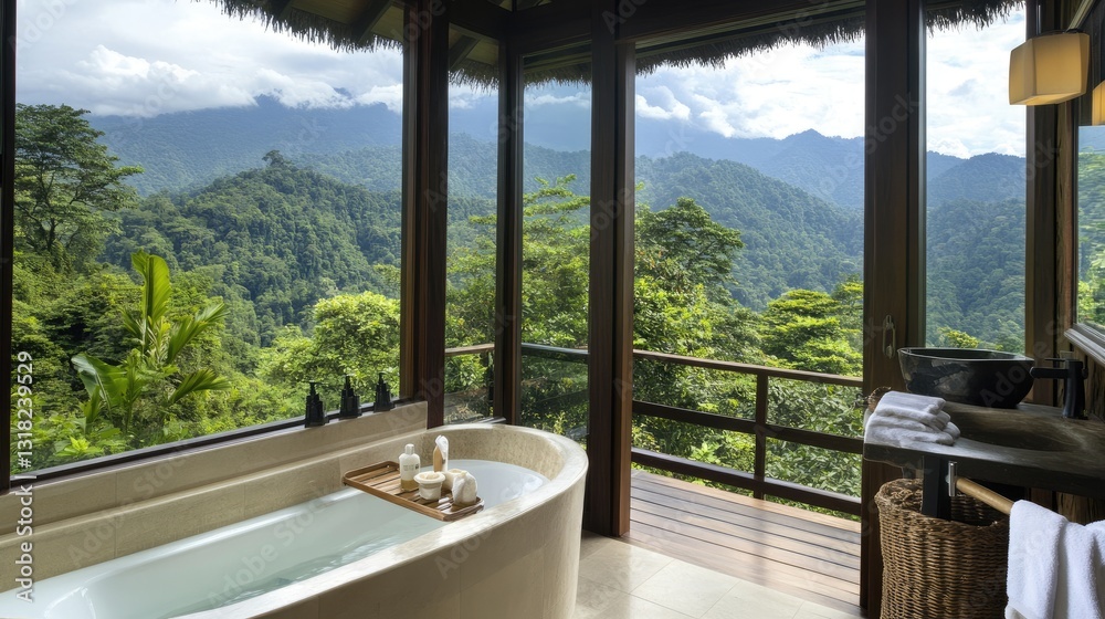 Fototapeta premium A spacious bathroom with floor-to-ceiling windows offering a scenic outdoor view.