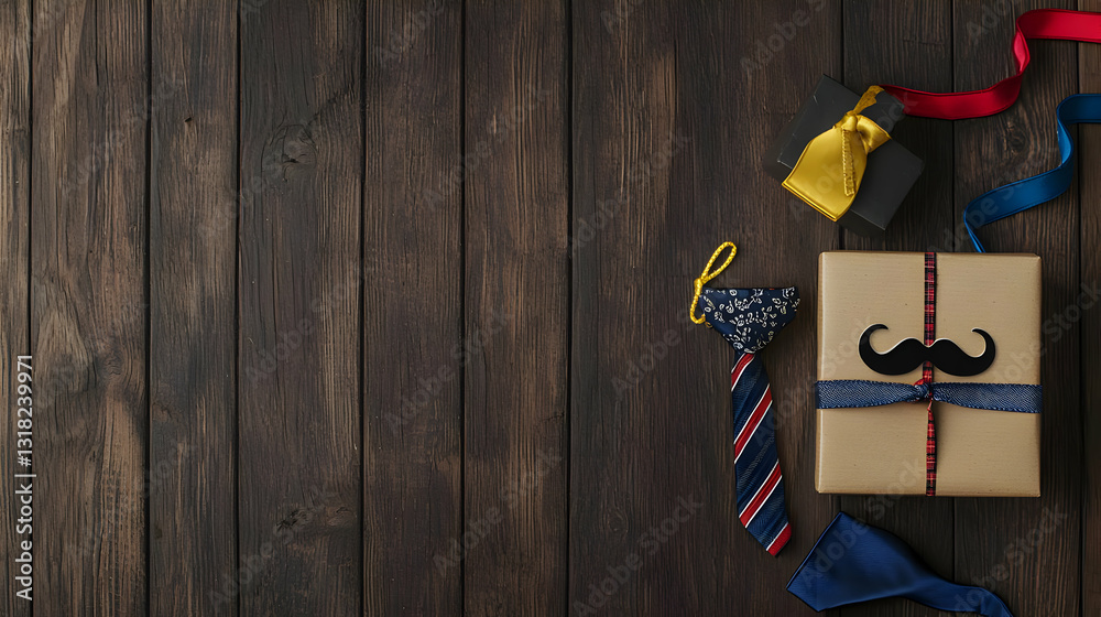 Father's Day Gift Arrangement On Rustic Dark Wooden Table With Greeting Card Decorated With Mustache And Blue Tie Elegant Yellow And Red Ribbon Father's Day Gift Arrangement On Rustic Dark Wooden Table With Greeting Card Decorated With Mustache And Blue Tie Elegant Yellow And Red Ribbon