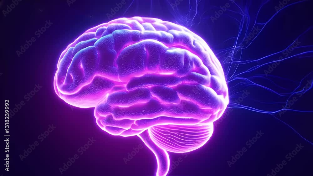 Glowing Purple Human Brain 3D Render with Blue Energy Streams on Dark Background Glowing Purple Human Brain 3D Render with Blue Energy Streams on Dark Background