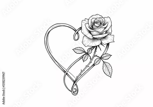 Romantic Rose Heart Design: A Monochrome Floral Illustration