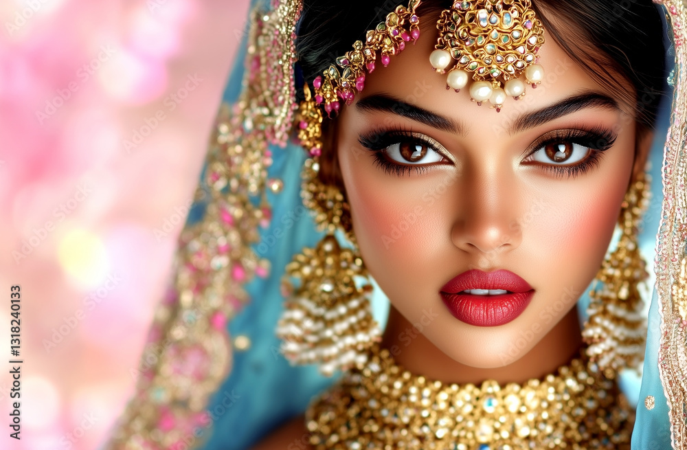 Fototapeta premium Woman wearing a blue and gold headpiece with a red nose and lips. The woman is wearing a gold necklace and earrings