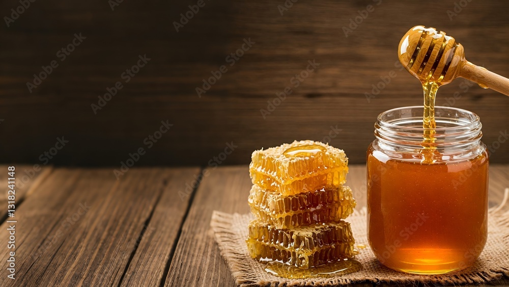 A jar of golden honey next to honeycomb on a rustic wooden surface, with a honey dipper drizzling honey into the jar. A jar of golden honey next to honeycomb on a rustic wooden surface, with a honey dipper drizzling honey into the jar.