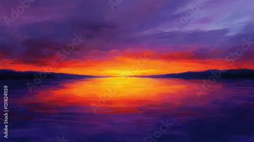 Vivid sunset over tranquil water surface, painting of twilight landscape