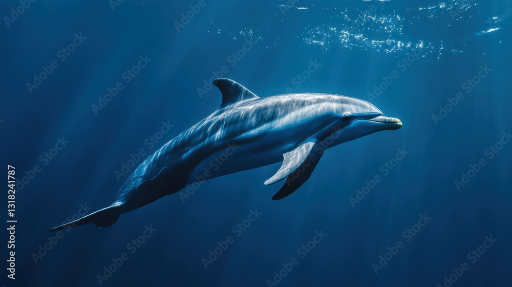 Dolphin swimming underwater in ocean with sun rays Dolphin swimming underwater in ocean with sun rays