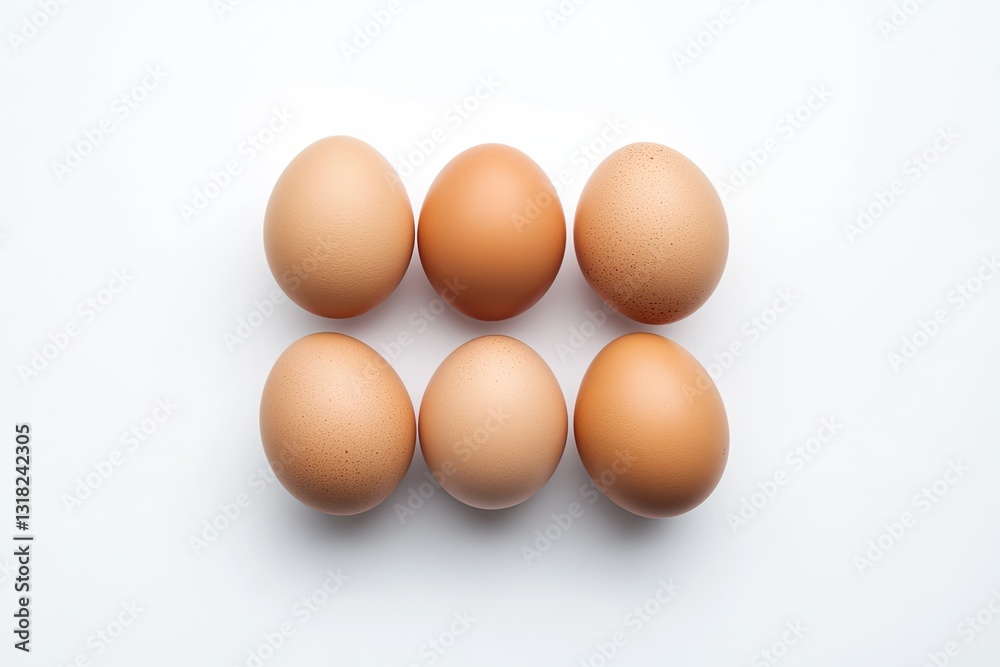 Six brown eggs arranged in a grid on a white background. Six brown eggs arranged in a grid on a white background.