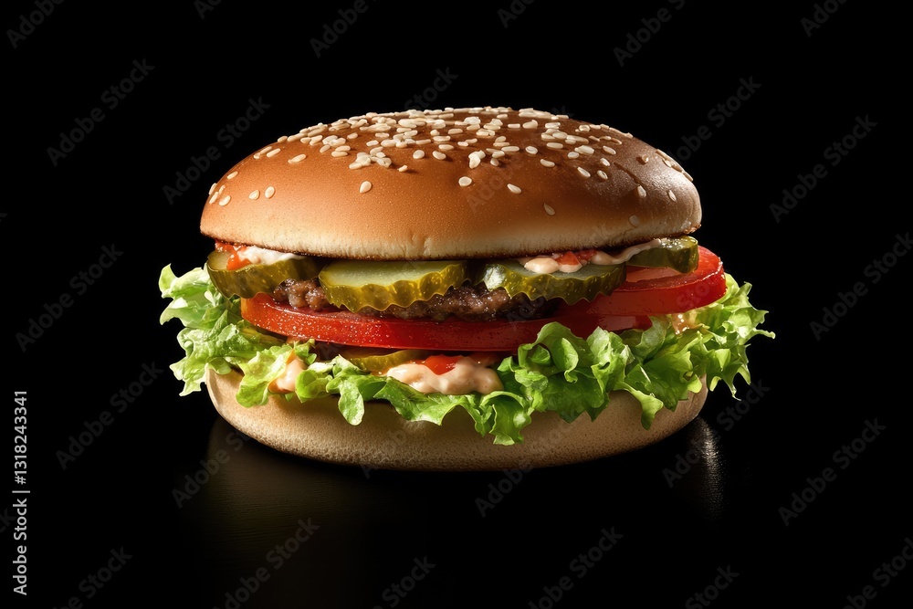 Juicy beef burger with lettuce, tomato, pickles, and sauce on a sesame seed bun, isolated on black. Juicy beef burger with lettuce, tomato, pickles, and sauce on a sesame seed bun, isolated on black.