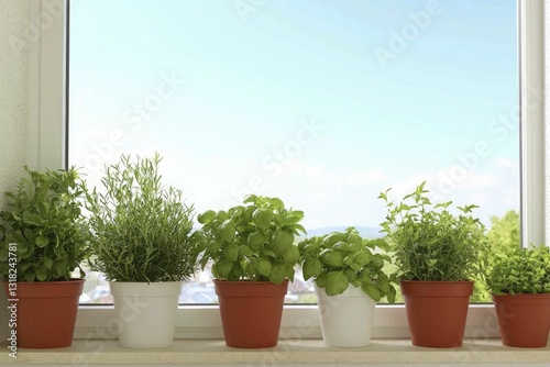 A minimalist herb garden with neatly arranged pots on a sunny balcony, showcasing basil, parsley, and mint in vibrant green hues.