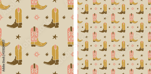 Cowboy Boots, Cowgirl Cute western boho vintage illustration earthy boho seamless pattern