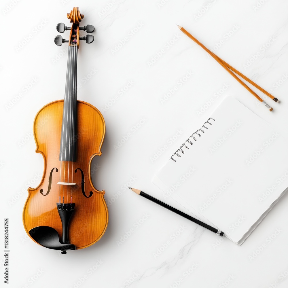 Fototapeta premium Wooden violin with notebook and pencils.