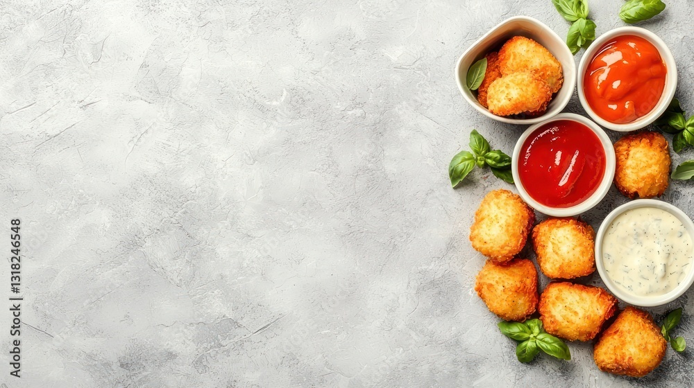 Crispy Fried Nuggets with Ketchup Dipping Sauce Culinary Delight and Basil on a Neutral Table Crispy Fried Nuggets with Ketchup Dipping Sauce Culinary Delight and Basil on a Neutral Table