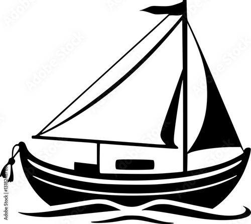 Monochrome minimalist black and white boat illustration nautical vessel sailing transport maritime simple elegant line art graphic design