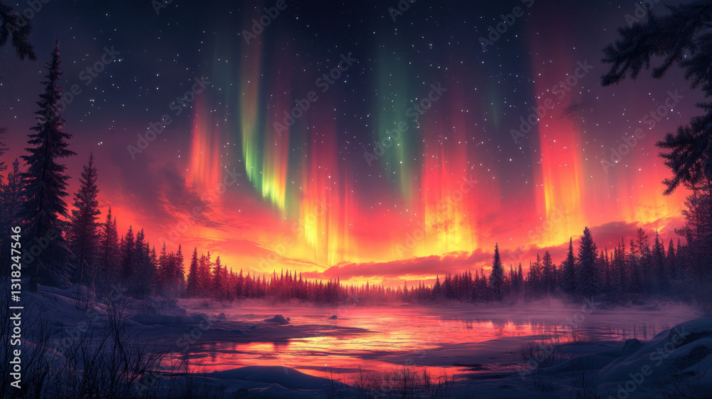 Fototapeta premium Aurora Borealis over a snowy lake