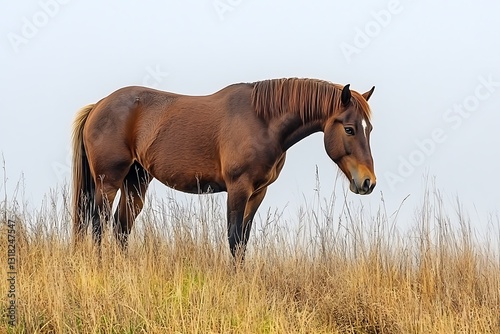 Brown horse grazing autumn field
