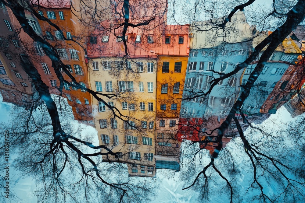 Fototapeta premium A stunning reflection of vibrant historic buildings can be seen on a water surface, intertwined with bare tree branches, creating a captivating urban scene.