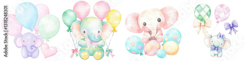 Cute Colorful Baby Elephants with Balloons and Easter Eggs Artwork