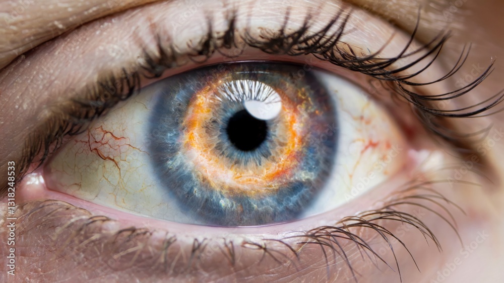 Fototapeta premium Fiery Blue Eye with Orange and Yellow Iris Glow