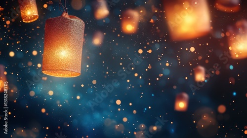 Dreamy night party backdrop with radiant sparkles, floating lanterns, and a starry sky