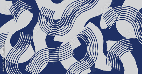 Hand drawn brush line abstract curve pattern, Japanese and ethnic folk wood carving, block print textured surface background, simple graphic for textile, carpet, decoration