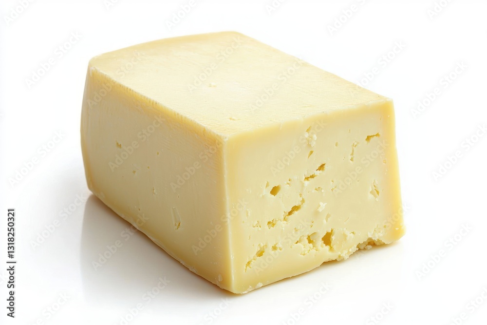 Studio shot of a block of tasty matured cheddar cheese against plain white backdrop with soft shadows and subtle surface texture Studio shot of a block of tasty matured cheddar cheese against plain white backdrop with soft shadows and subtle surface texture