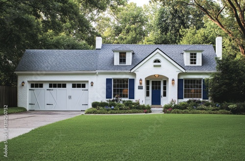 Beautiful home exterior in St. Louis, a white and grey cottage-style house with blue shutters on the front door, a green grass lawn