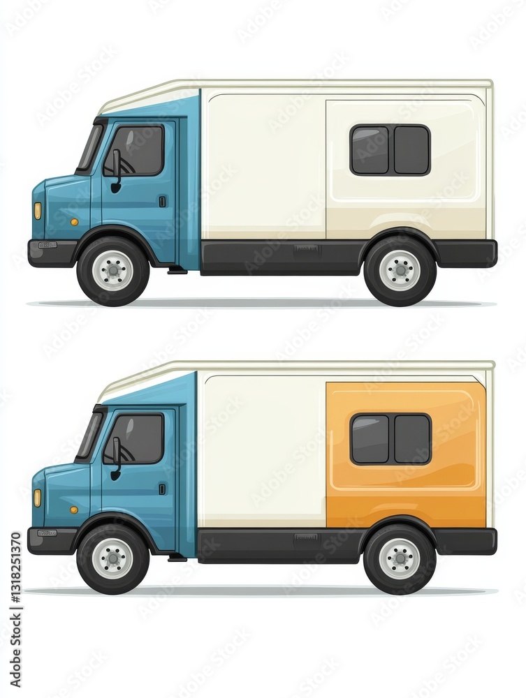 Two light commercial vehicles, side view, different color schemes Two light commercial vehicles, side view, different color schemes