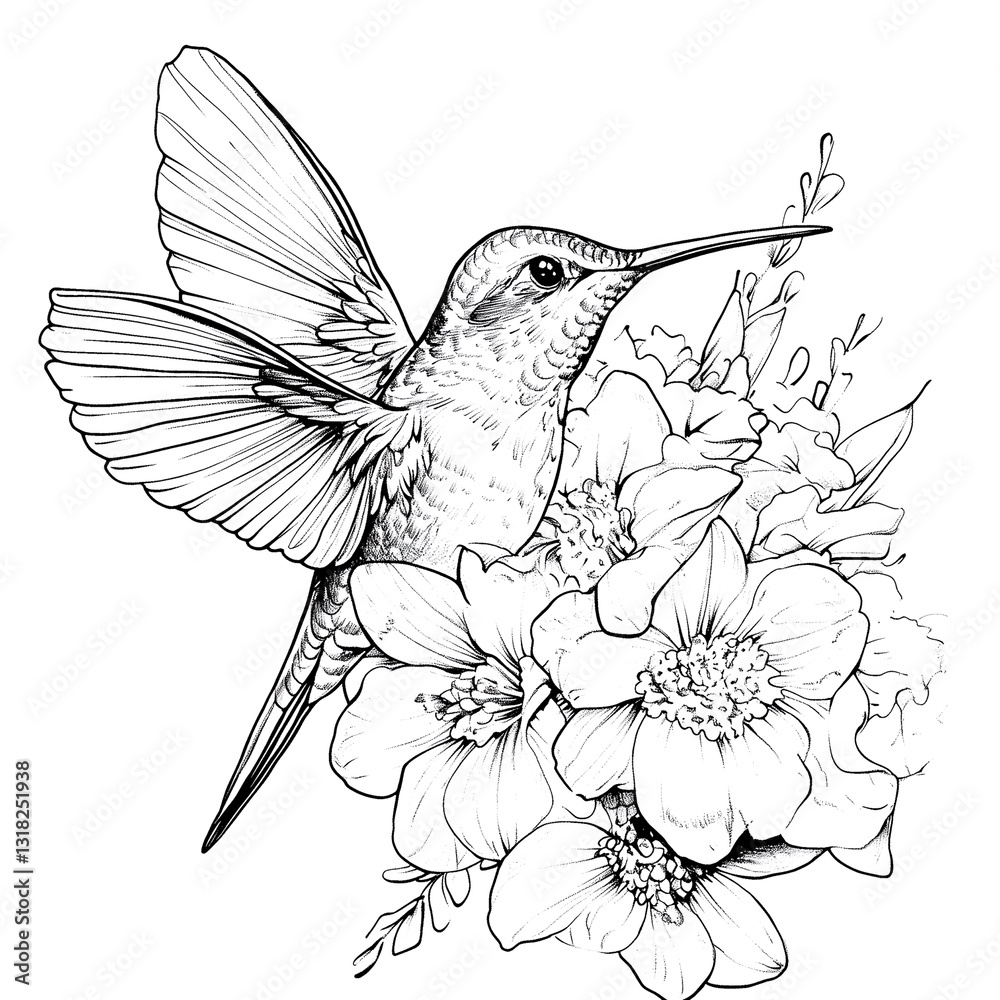 Obraz premium Hummingbird is perched on a flower. The bird is small and colorful, with a long beak. The flower is pink and has a few petals. Concept of beauty and tranquility