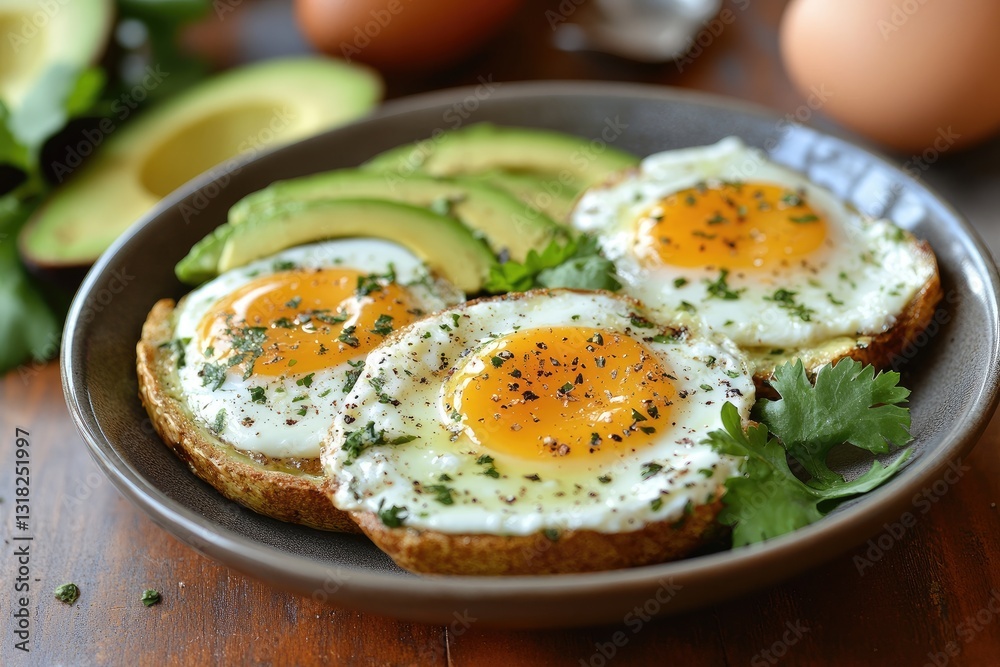 A plate of fried eggs and avocado served for breakfast
