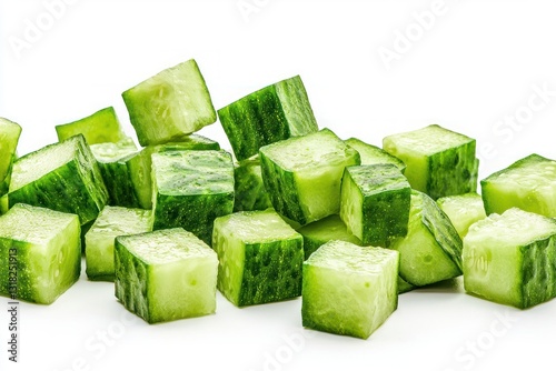 Fresh green cucumber cubes on white background close up still life of cut vegetables concept style shot