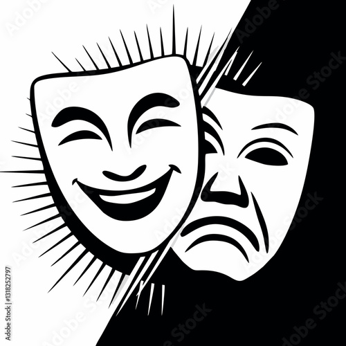34.epsThis image features the classic comedy and tragedy masks, which are symbolic representations of theater and drama. The smiling mask represents comedy, joy, and happiness, while the frowning mask