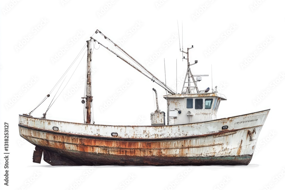A rusty and weathered fishing boat rests against white backdrop A rusty and weathered fishing boat rests against white backdrop